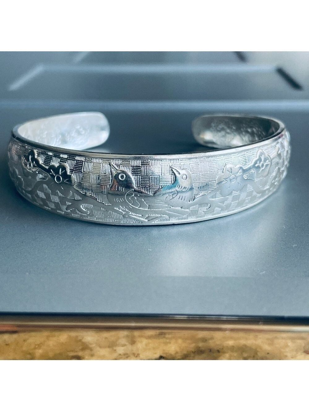 Vintage Birds Flowers Textured Sterling Silver Chinese Japanese Cuff Bra